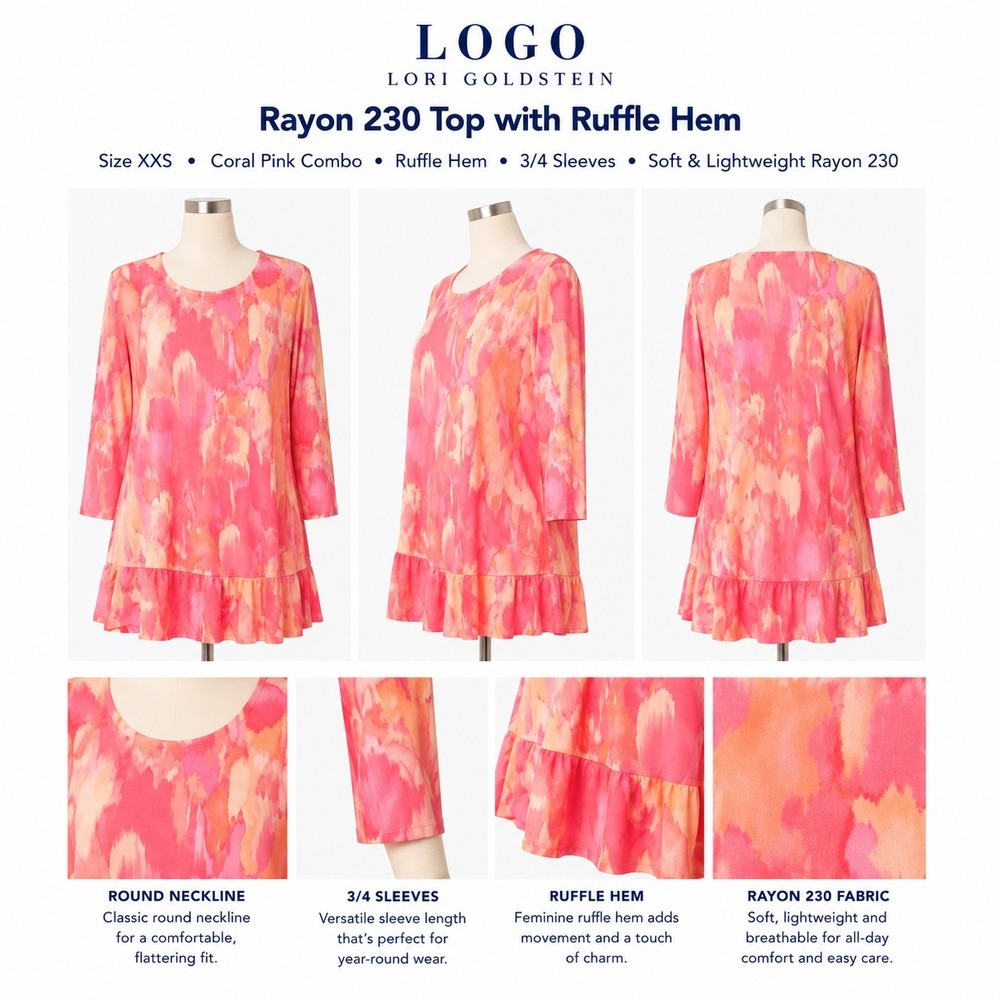 LOGO Lori Goldstein Womens XXS Rayon 230 Top Ruffle Hem Coral Pink‎ A648188